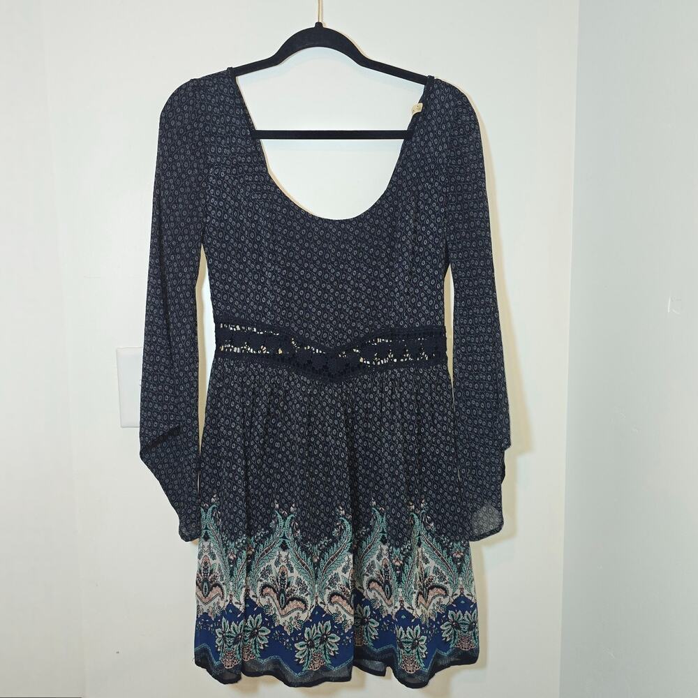 Hollister Y2K Womens Skater Boho Mini Dress Sz S Floral Paisley Flare Sleeve - Picture 2 of 10